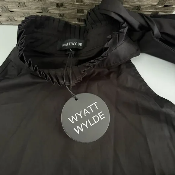 WYATT WYLDE Maxi Dress Large L Black Womens Helena Tie Neck Pockets Cotton New - Picture 6 of 13